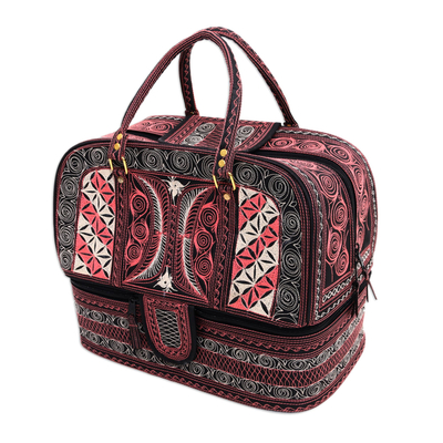Cotton travel bag, 'Carnation Crescents' - Embroidered Cotton Travel Bag in Carnation and Ivory