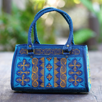Cotton handle handbag, 'Teal Sultanate' - Embroidered Cotton Handle Handbag in Teal and Saffron