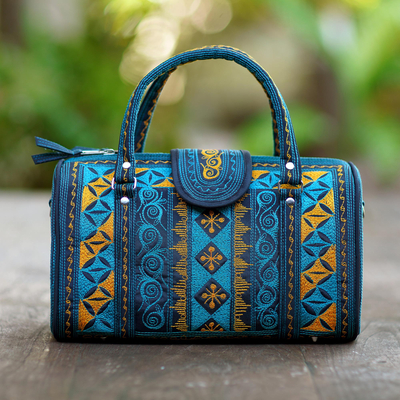 Handtasche aus Baumwolle, 'Teal Sultanate' (11,5 Zoll) - Handtasche aus bestickter Baumwolle in Krickente und Safran (11,5 in.)