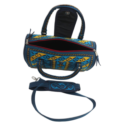 Cotton handbag, 'Teal Sultanate' (11.5 inch) - Embroidered Cotton Handbag in Teal and Saffron (11.5 in.)