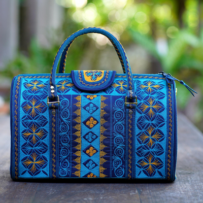 Cotton handbag, 'Teal Sultanate' (14.5 inch) - Embroidered Cotton Handbag in Teal and Saffron (14.5 in.)