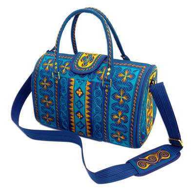 Cotton handbag, 'Teal Sultanate' (14.5 inch) - Embroidered Cotton Handbag in Teal and Saffron (14.5 in.)