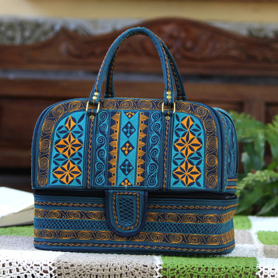 Cotton travel bag, 'Teal Sultanate' - Embroidered Cotton Travel Bag in Teal and Saffron from Bali
