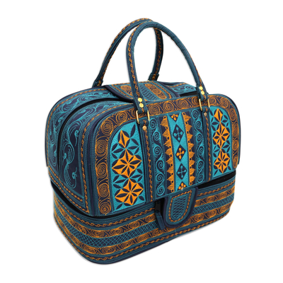 Reisetasche aus Baumwolle, 'Teal Sultanate'. - Bestickte Reisetasche aus Baumwolle in Teal und Safran aus Bali