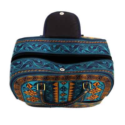 Reisetasche aus Baumwolle, 'Teal Sultanate'. - Bestickte Reisetasche aus Baumwolle in Teal und Safran aus Bali