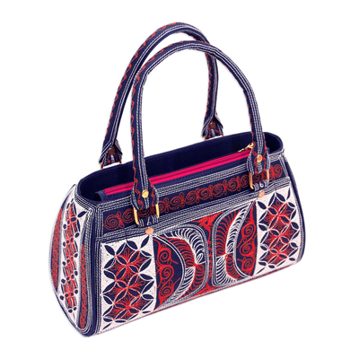 Cotton handle handbag, 'Sunrise Crescents' - Embroidered Cotton Handle Handbag in Sunrise and Ivory