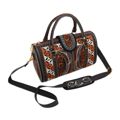 Cotton handbag, 'Sunrise Crescents' (11.5 inch) - Embroidered Cotton Handbag in Sunrise and Ivory (11.5 in.)