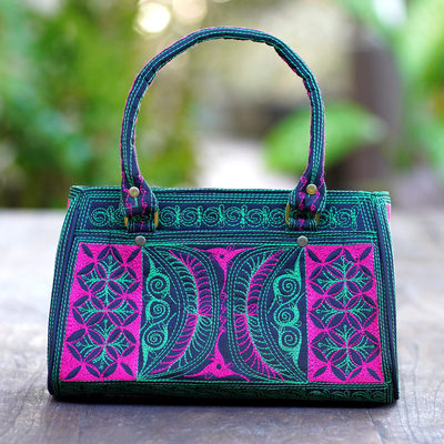 Cotton handle handbag, 'Viridian Bay' - Embroidered Cotton Handle Handbag in Viridian and Rose