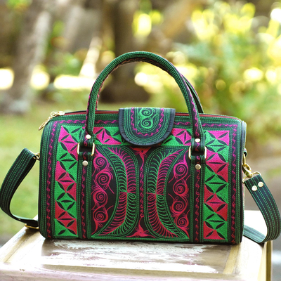 Bolso de algodón - Bolso de algodón bordado en verde y rosa de Bali