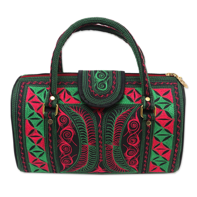 Handtasche aus Baumwolle, 'Viridian Bay'. - Bestickte Baumwollhandtasche in Viridian und Rose aus Bali