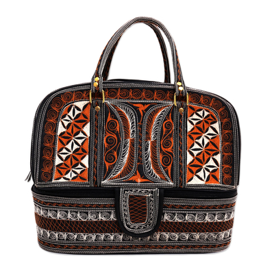 Cotton travel bag, 'Sunrise Crescents' - Embroidered Cotton Travel Bag in Sunrise and Ivory