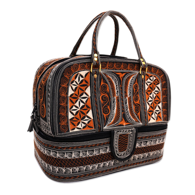 Cotton travel bag, 'Sunrise Crescents' - Embroidered Cotton Travel Bag in Sunrise and Ivory