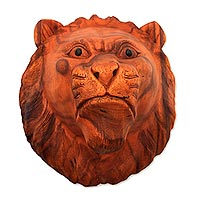 Wood mask, 'Pensive Lion' - Hand Carved Lion Wall Mask in Suar Wood from Bali