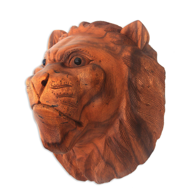Wood mask, 'Pensive Lion' - Hand Carved Lion Wall Mask in Suar Wood from Bali