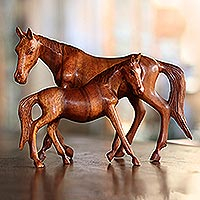 Wood sculptures, 'Caring Mother Horse' (pair)