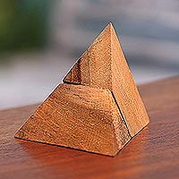 Teak wood puzzle, 'Enchanting Pyramid' - Handcarved Teak Wood Pyramid Puzzle from Java