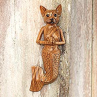 Wood wall sculpture, 'Mermaid Dog' - Suar Wood Mermaid Dog Wall Sculpture from Bali