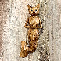 Wood wall sculpture, 'Mermaid Cat' - Suar Wood Mermaid Cat Wall Sculpture from Bali