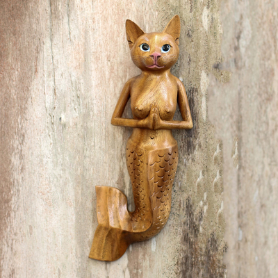 Wandskulptur aus Holz - Suar-Holz-Meerjungfrau-Katzen-Wandskulptur aus Bali