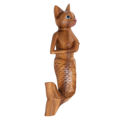 Wood wall sculpture, 'Mermaid Cat' - Suar Wood Mermaid Cat Wall Sculpture from Bali