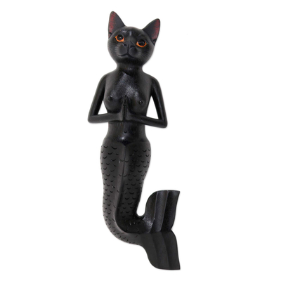 Wood wall sculpture, 'Black Mermaid Cat' - Black Suar Wood Mermaid Cat Wall Sculpture from Bali