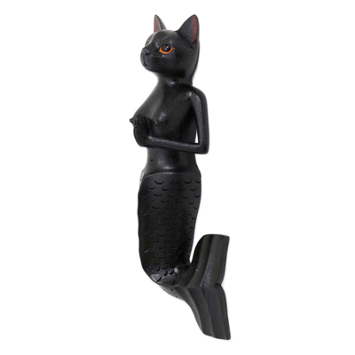 Wood wall sculpture, 'Black Mermaid Cat' - Black Suar Wood Mermaid Cat Wall Sculpture from Bali