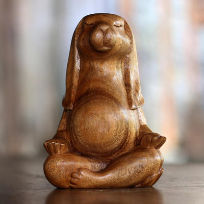 Wood sculpture, 'Pregnant Yoga Bunny' - Suar Wood Yoga Bunny Sculpture from Bali