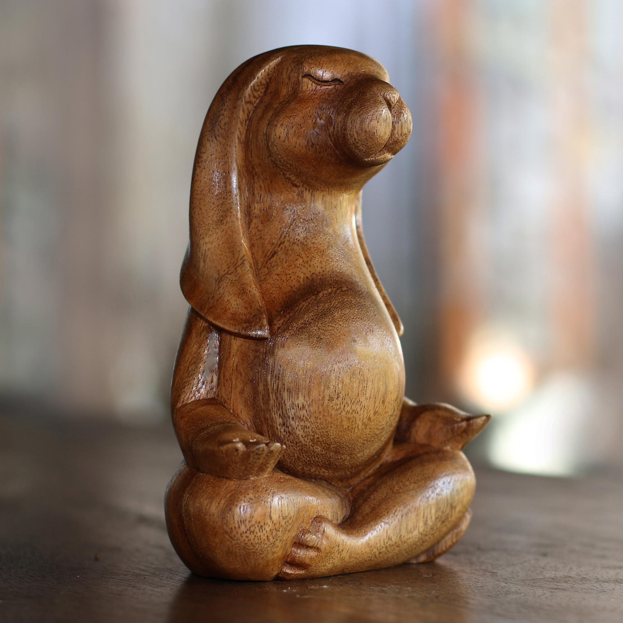 UNICEF Market Suar Wood Yoga Bunny Sculpture from Bali Pregnant