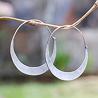 Modern Sterling Silver Hoop Earrings from Bali,'Crescent Soul'