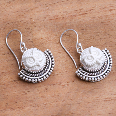 Sterling silver and bone dangle earrings, 'Owl Portrait' - Sterling Silver and Bone Owl Dangle Earrings from Java