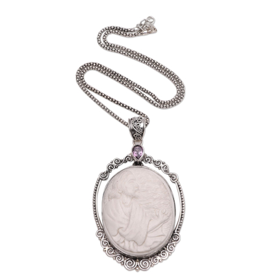 Amethyst and bone pendant necklace, 'Gethsemane Prayer' - Amethyst and Bone Jesus Pendant Necklace from Java