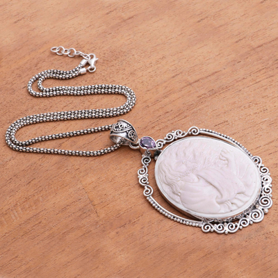 Amethyst and bone pendant necklace, 'Gethsemane Prayer' - Amethyst and Bone Jesus Pendant Necklace from Java