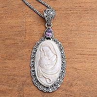 Religious Amethyst and Bone Pendant Necklace from Java,'Mary and Baby Jesus'
