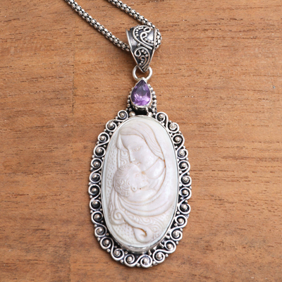 Amethyst and bone pendant necklace, 'Mary and Baby Jesus' - Religious Amethyst and Bone Pendant Necklace from Java