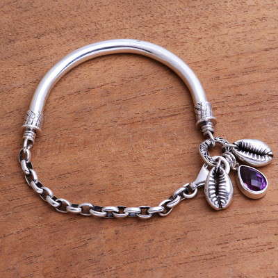 Sterling silver and amethyst bracelet, 'Glistening Shells' - Sterling Silver and Faceted Amethyst Bracelet from Java