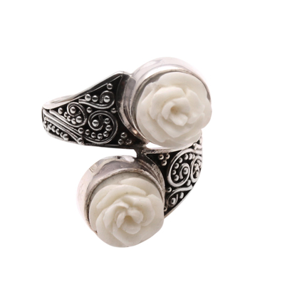 Sterling silver and bone cocktail ring, 'Sister Roses' - Rose-Shaped Sterling Silver and Bone Cocktail Ring from Java