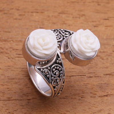 Sterling silver and bone cocktail ring, 'Sister Roses' - Rose-Shaped Sterling Silver and Bone Cocktail Ring from Java