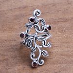 Garnet cocktail ring, 'Crimson Tendrils' - Leaf Motif Garnet Cocktail Ring from Java