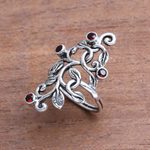 Garnet cocktail ring, 'Crimson Tendrils' - Leaf Motif Garnet Cocktail Ring from Java