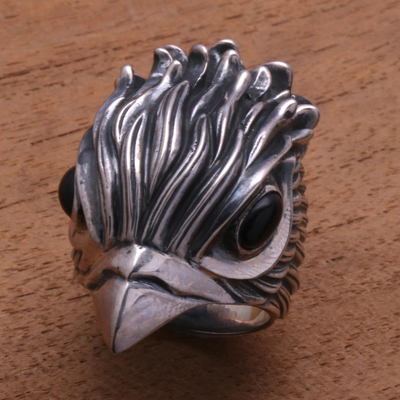 Men's obsidian ring, 'Sharp Hawk' - Men's Obsidian and Sterling Silver Hawk Ring from Bali