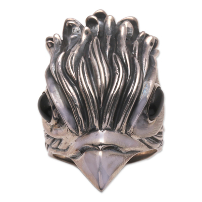 Men's obsidian ring, 'Sharp Hawk' - Men's Obsidian and Sterling Silver Hawk Ring from Bali