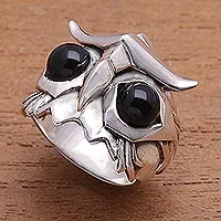 Men's obsidian ring, 'Fierce Owl' - Men's Obsidian Owl Ring from Bali