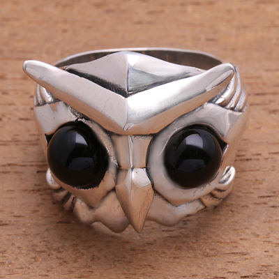 Men's obsidian ring, 'Fierce Owl' - Men's Obsidian Owl Ring from Bali
