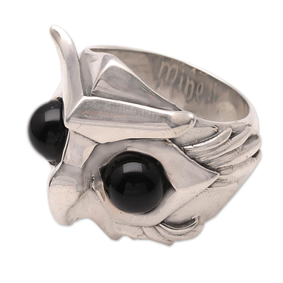 Men's obsidian ring, 'Fierce Owl' - Men's Obsidian Owl Ring from Bali