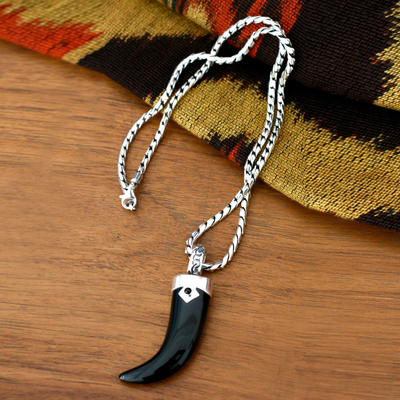 Men's obsidian pendant necklace, 'Fang Talisman' - Men's Obsidian Fang Pendant Necklace from Bali