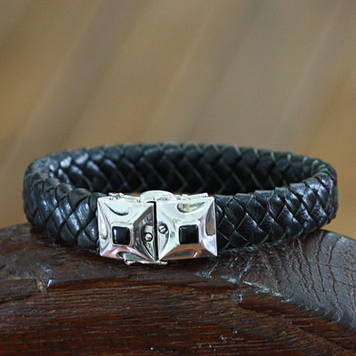 Men's leather and obsidian braided wristband bracelet, 'Romeo' - Men's Obsidian and Leather Braided Wristband Bracelet