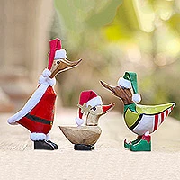 Bamboo root sculptures, 'Santa's Team' - Set of 3 Bamboo Root and Wood Christmas Accents from Bali