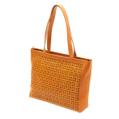 Leather shoulder bag, 'Starry Landscape in Ginger' - Star Pattern Leather Shoulder Bag in Ginger from Bali