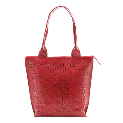 Leather tote, 'Twilight Blast' - Patterned Leather Tote in Crimson from Bali