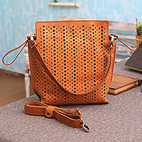 Leather handbag, 'Romantic Rain' - Patterned Leather Handbag in Burnt Sienna from Java